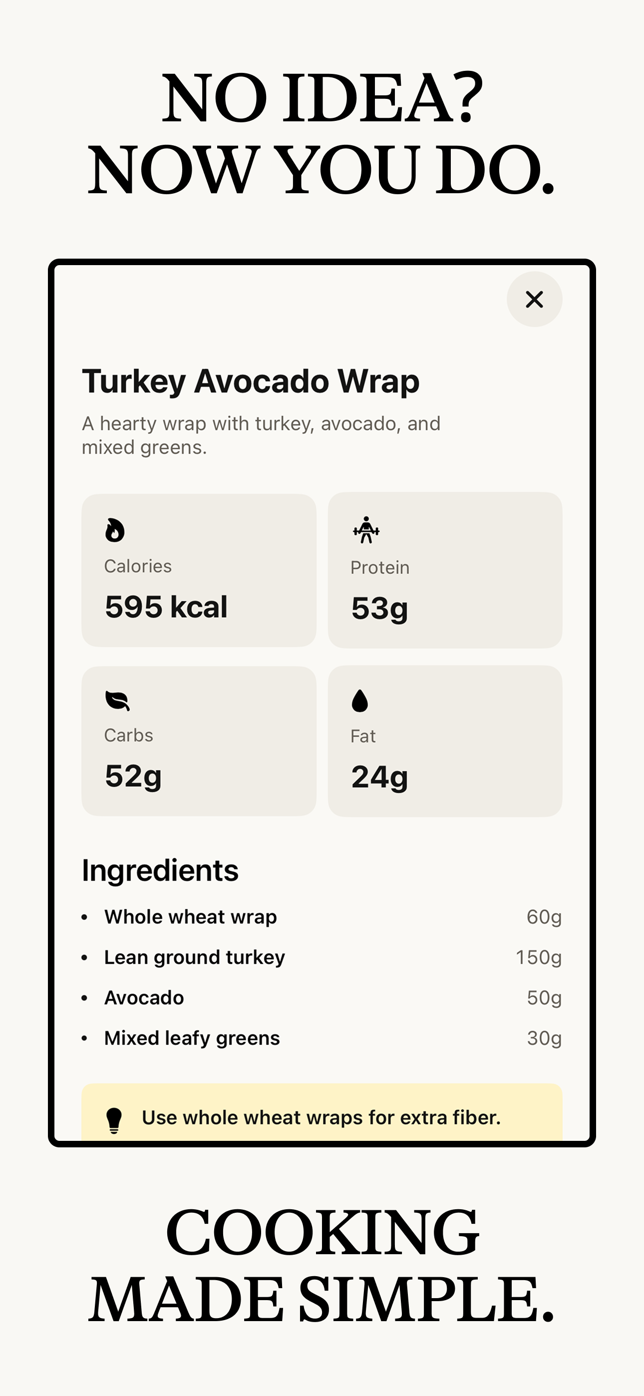 Fiche recette TraceMeal avec calories, protéines, glucides et ingrédients