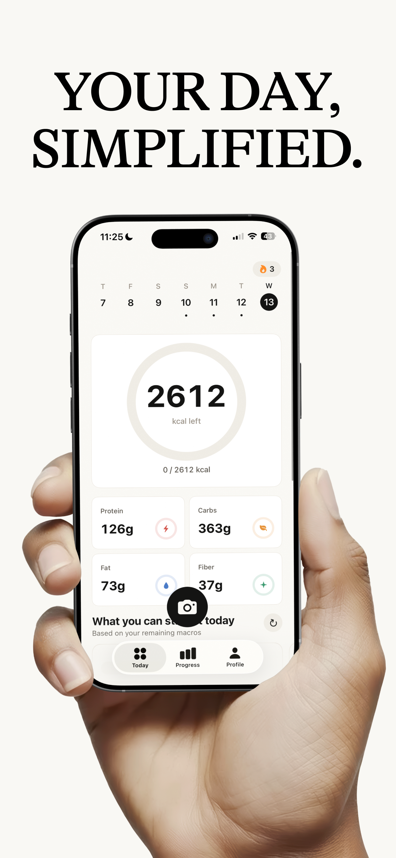 TraceMeal dashboard mobile avec calories restantes, macros et navigation Today Progress Profile