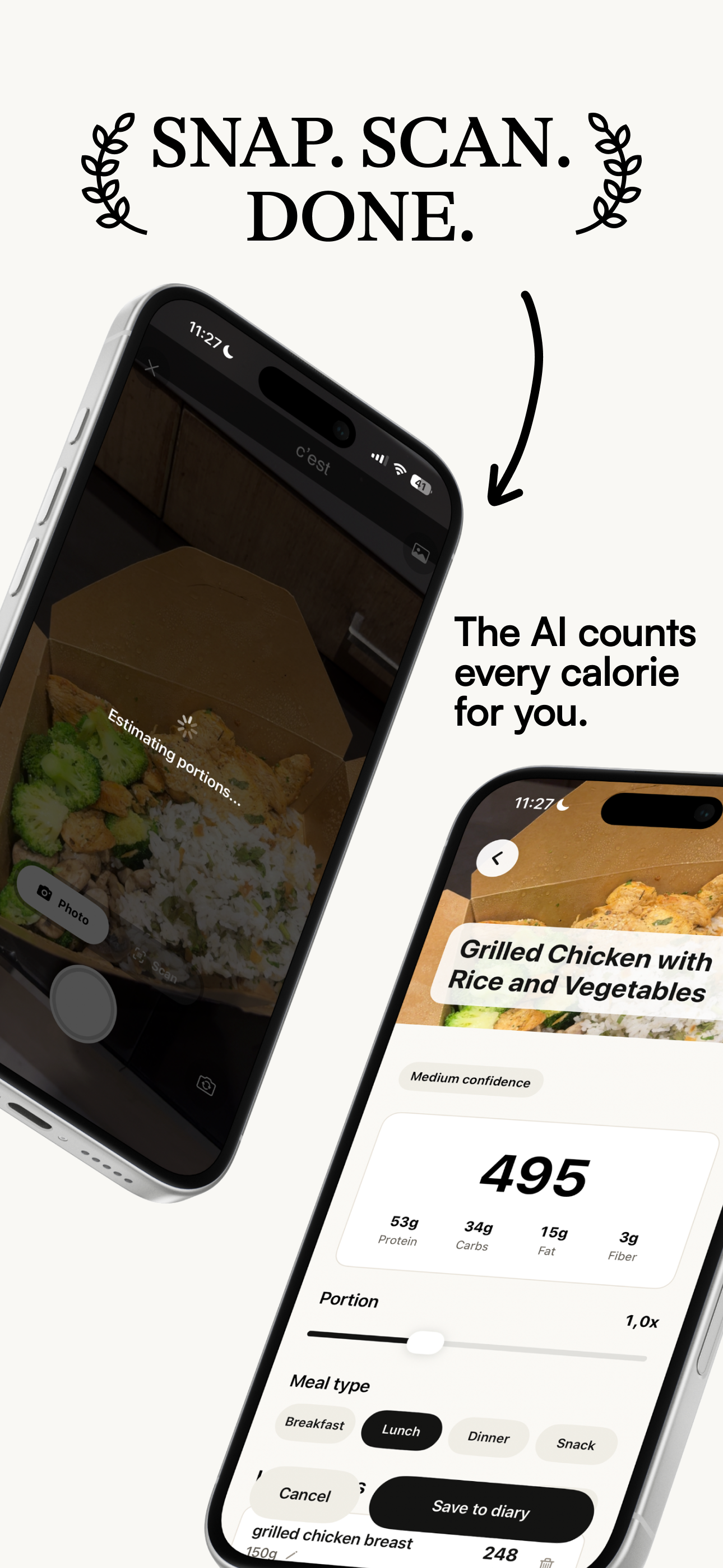 Deux écrans TraceMeal montrant le scan photo et l'estimation IA